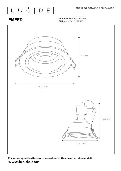 Lucide EMBED - Inbouwspot - Ø 9,1 cm - 1xGU10 - Zwart - technisch